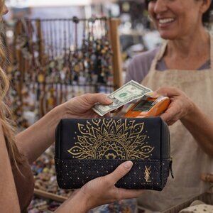 Hand Painted Black cosmetic case faux leather Black and Gold